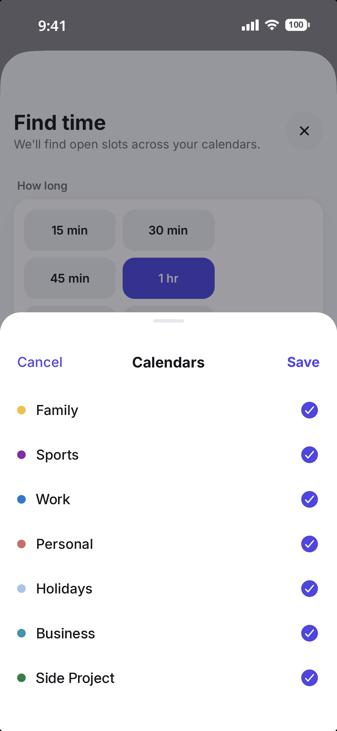 Find Time calendar picker for choosing whose availability to check