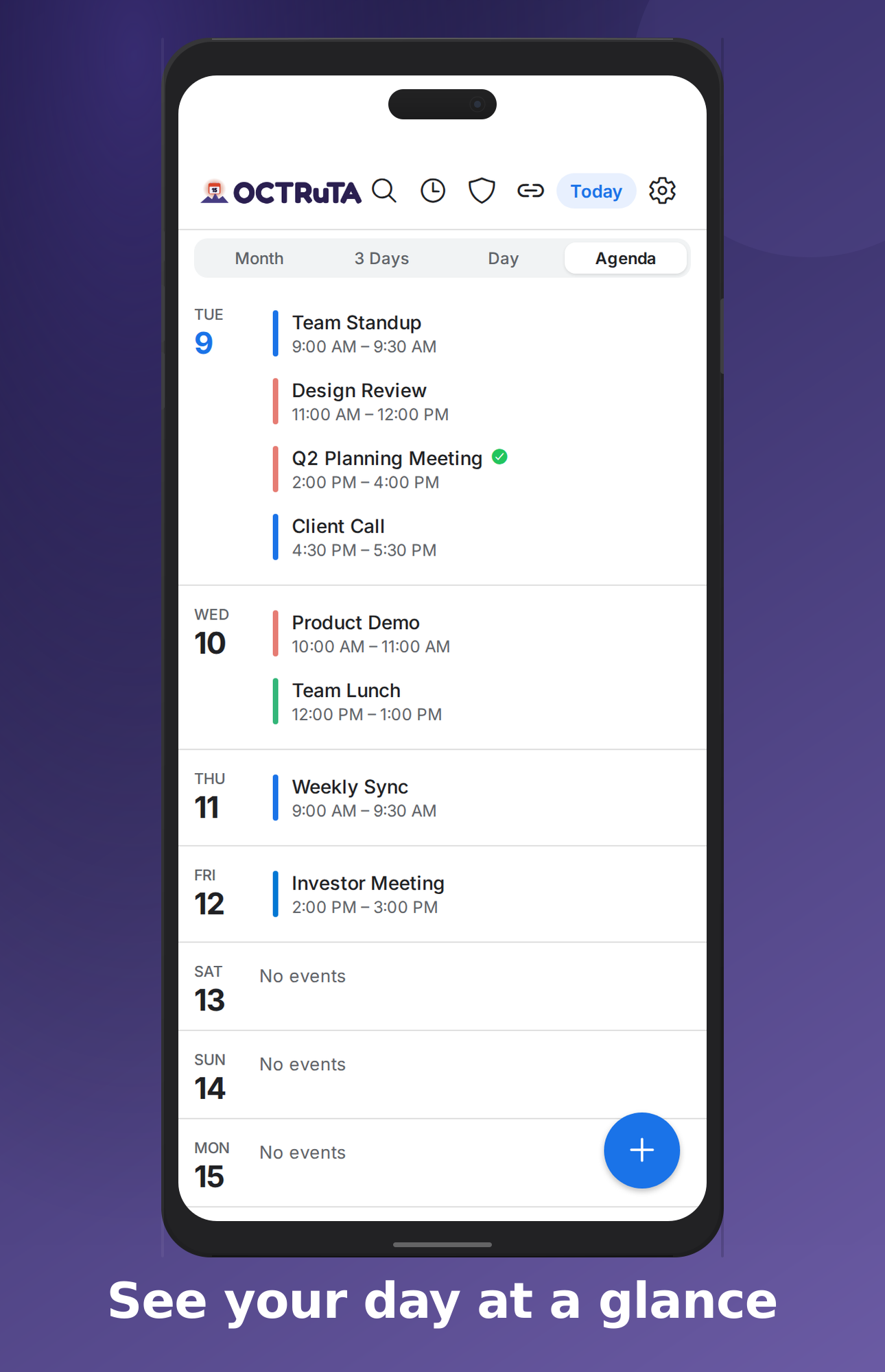 Agenda view listing every meeting across the week in one place