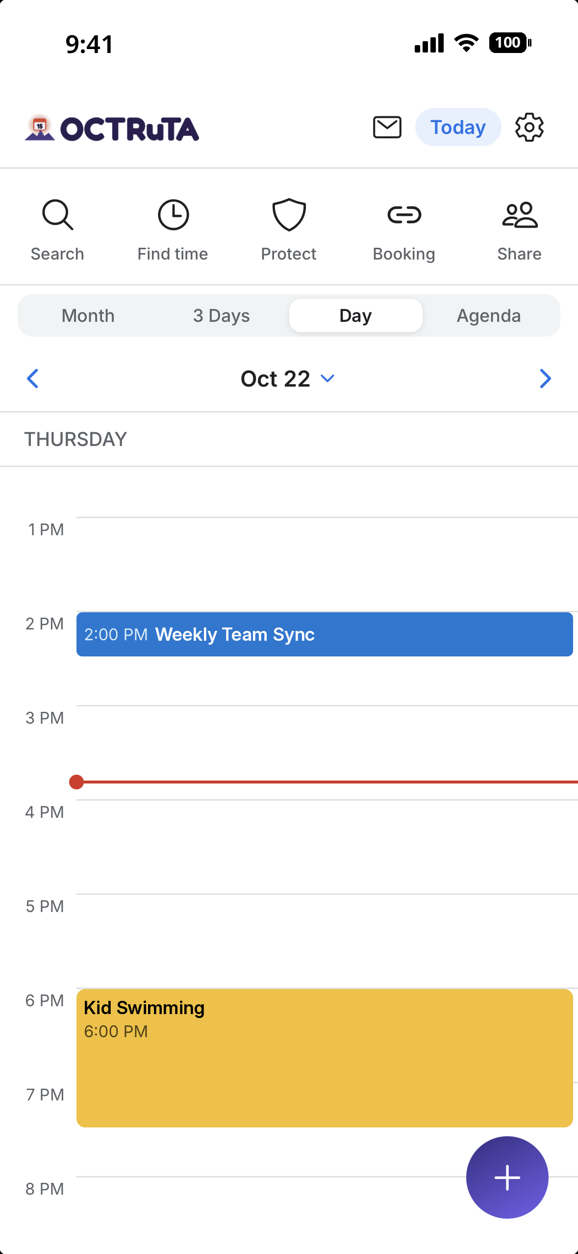 Day view showing a full schedule hour by hour