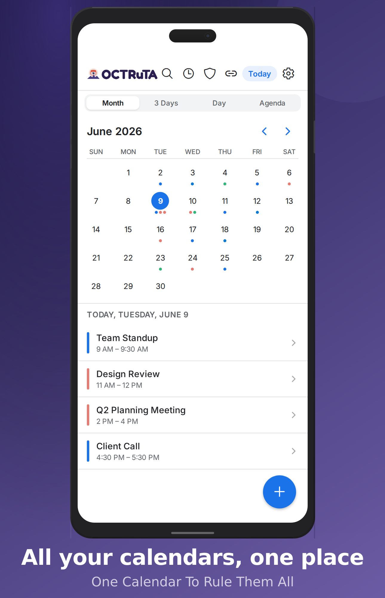OCTRuTA month view showing color-coded events from multiple calendars