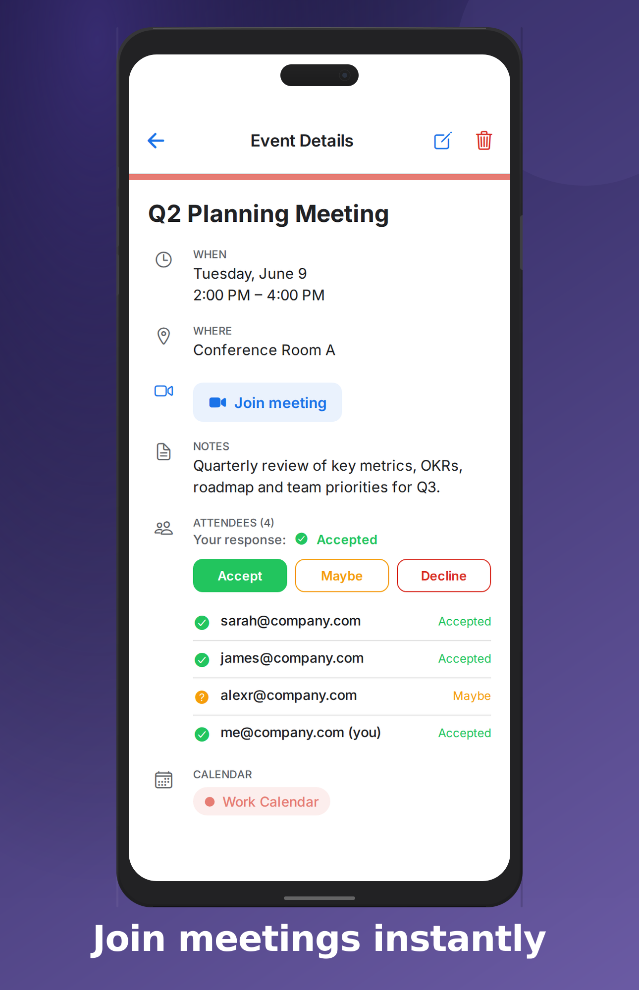 Event details with one-tap Join meeting button and attendee RSVPs
