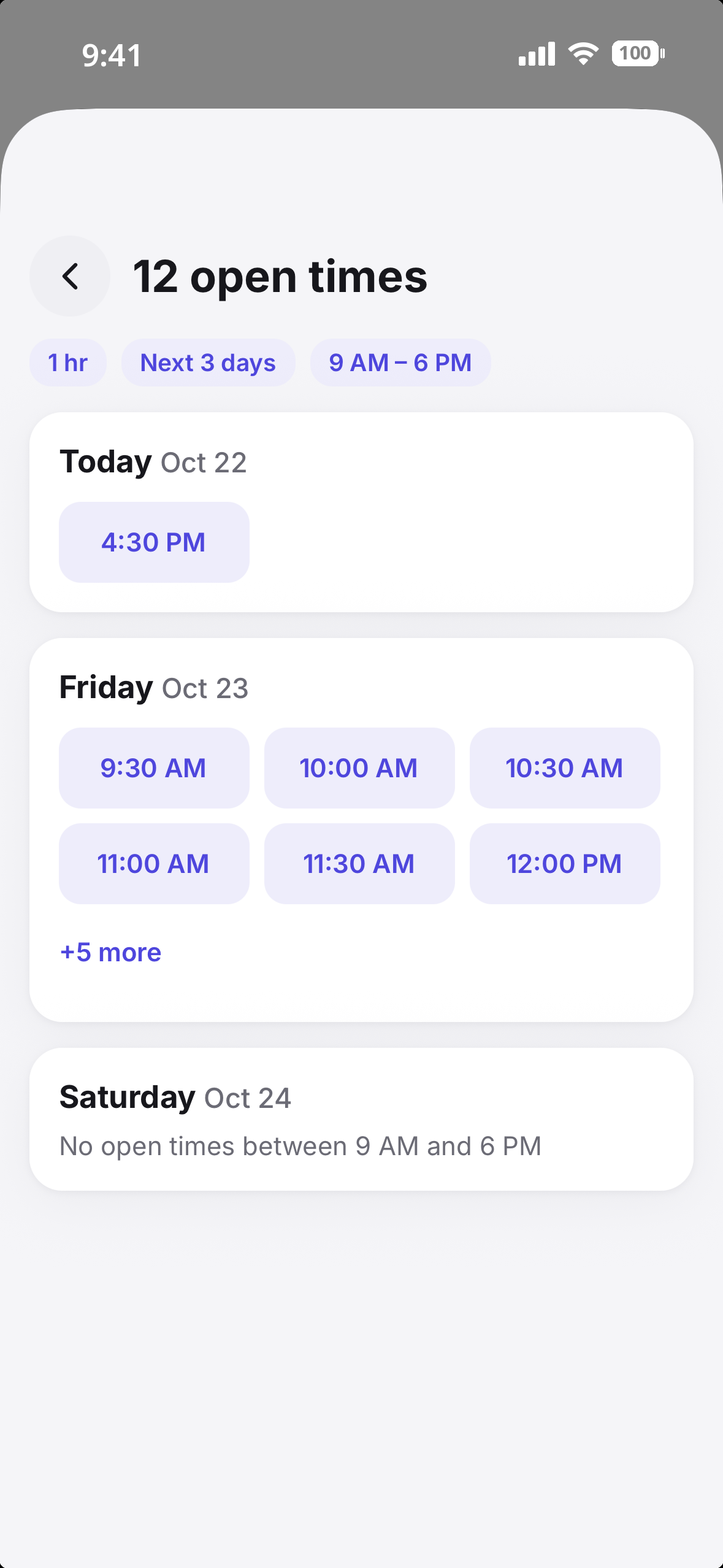 Find Time results showing open slots across every calendar