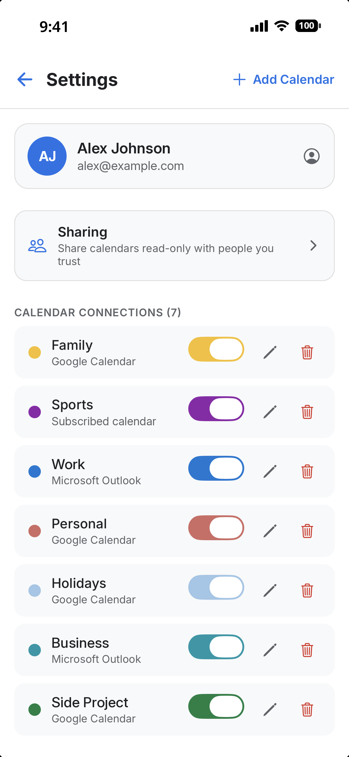 Settings showing connected calendar accounts