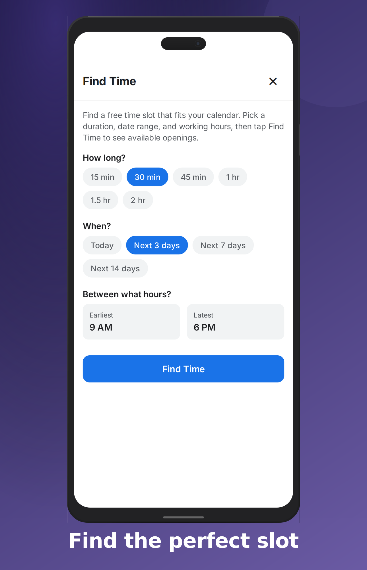 Find Time screen for locating an open slot across all calendars