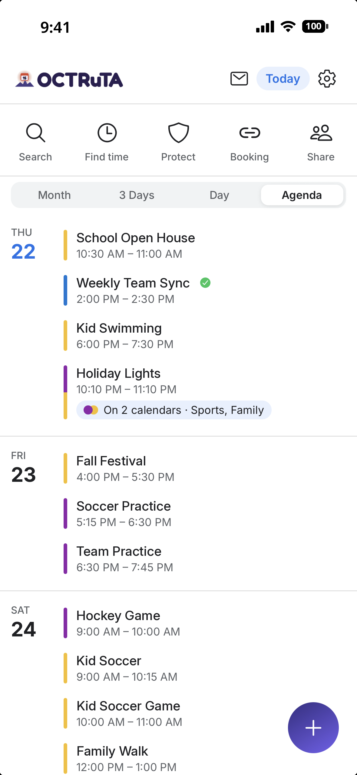Agenda view listing upcoming events across every calendar