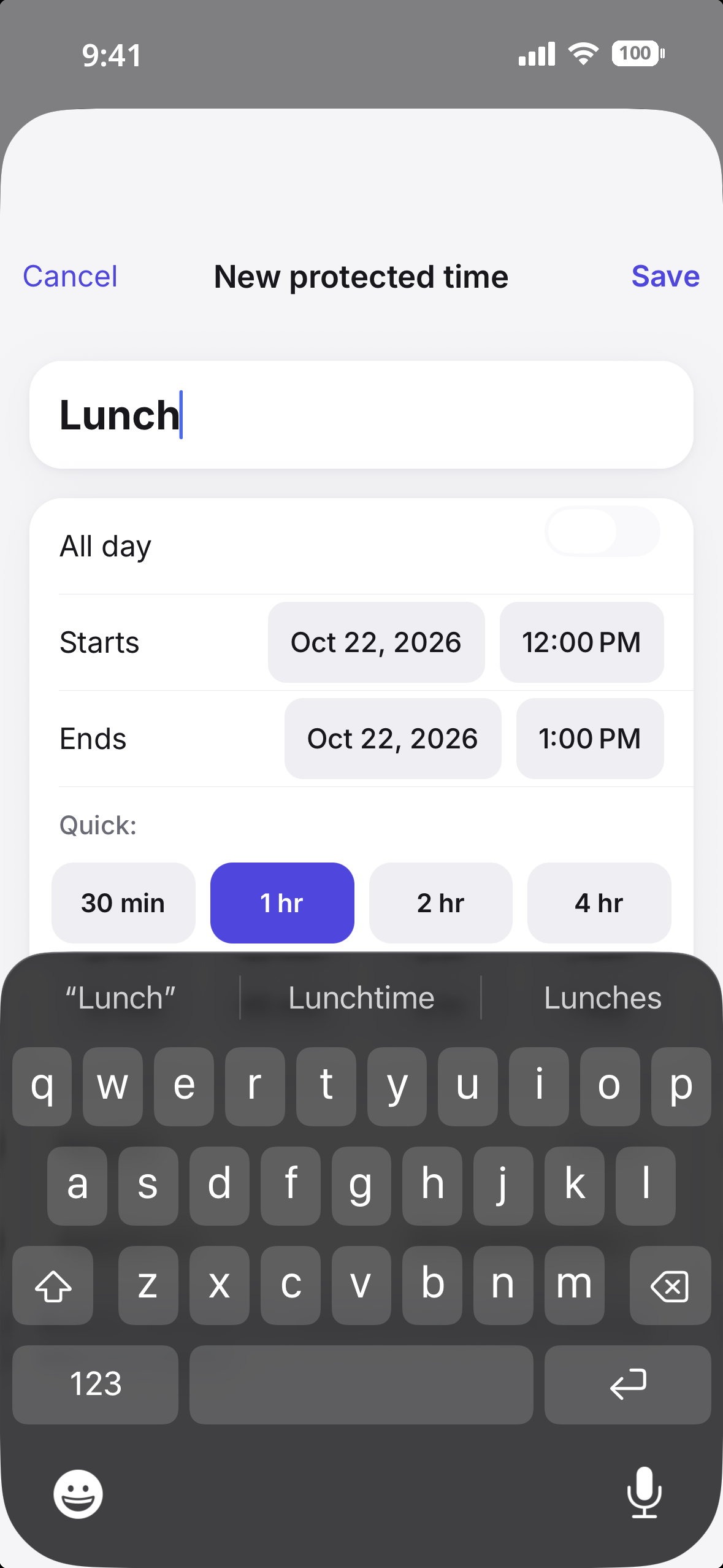 Protect Time form blocking off focus, lunch, or family time