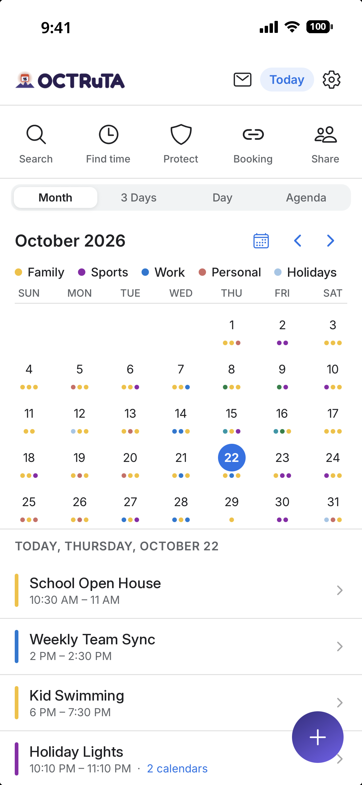 OCTRuTA month view with color-coded events from several calendars