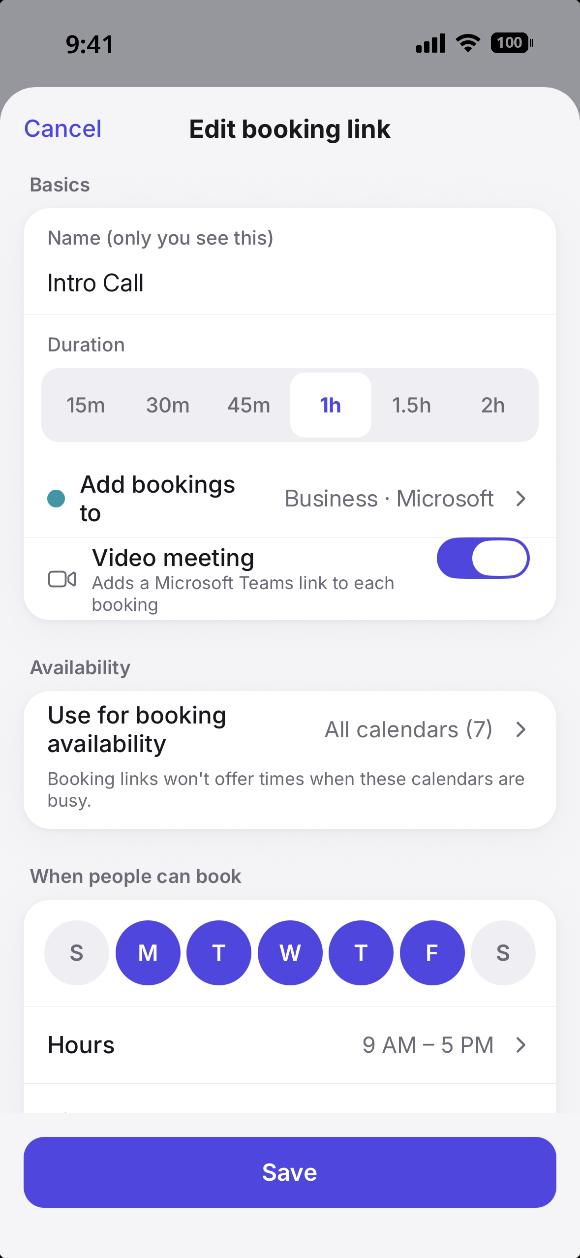 Edit booking link screen with meeting length, hours and buffers