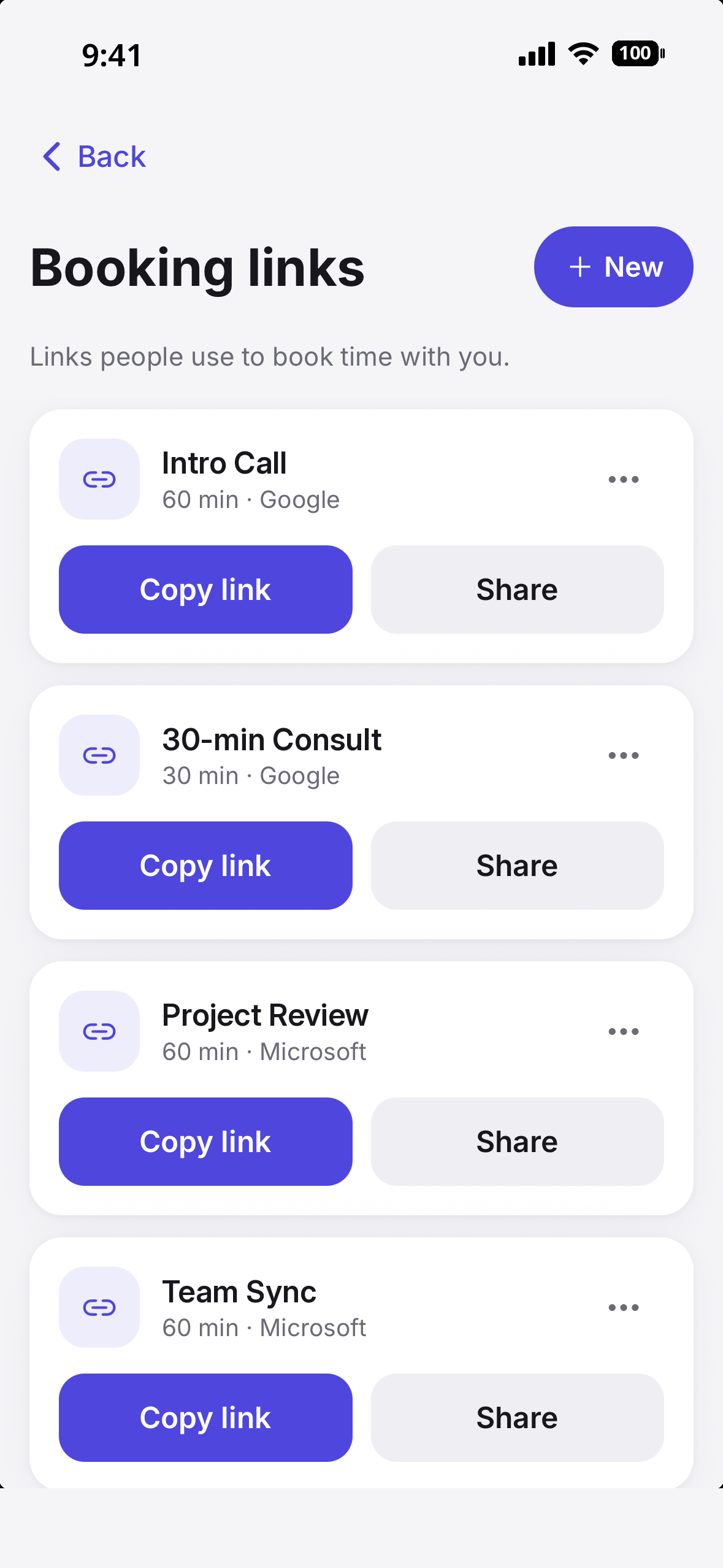 Booking Links screen with a shareable URL