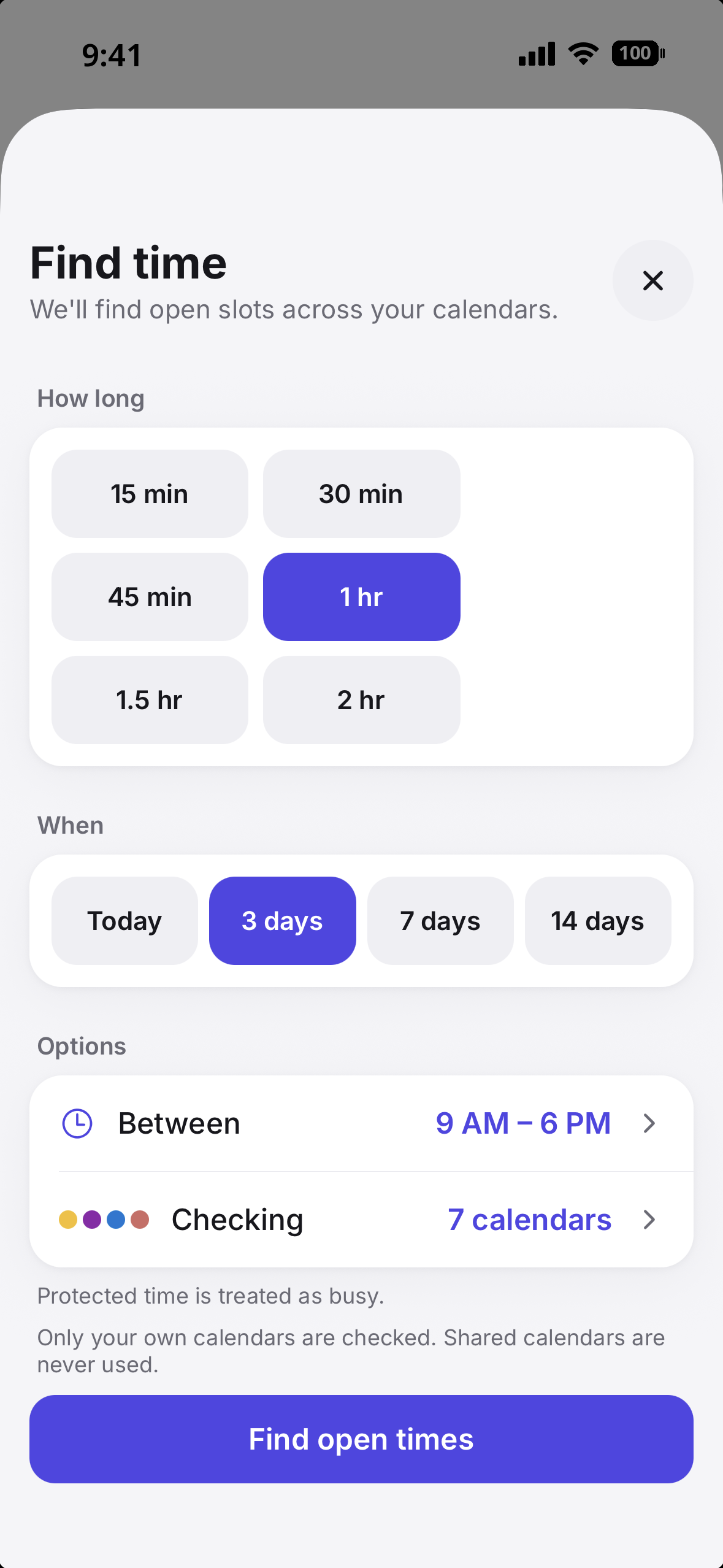 Find Time options for duration and date range