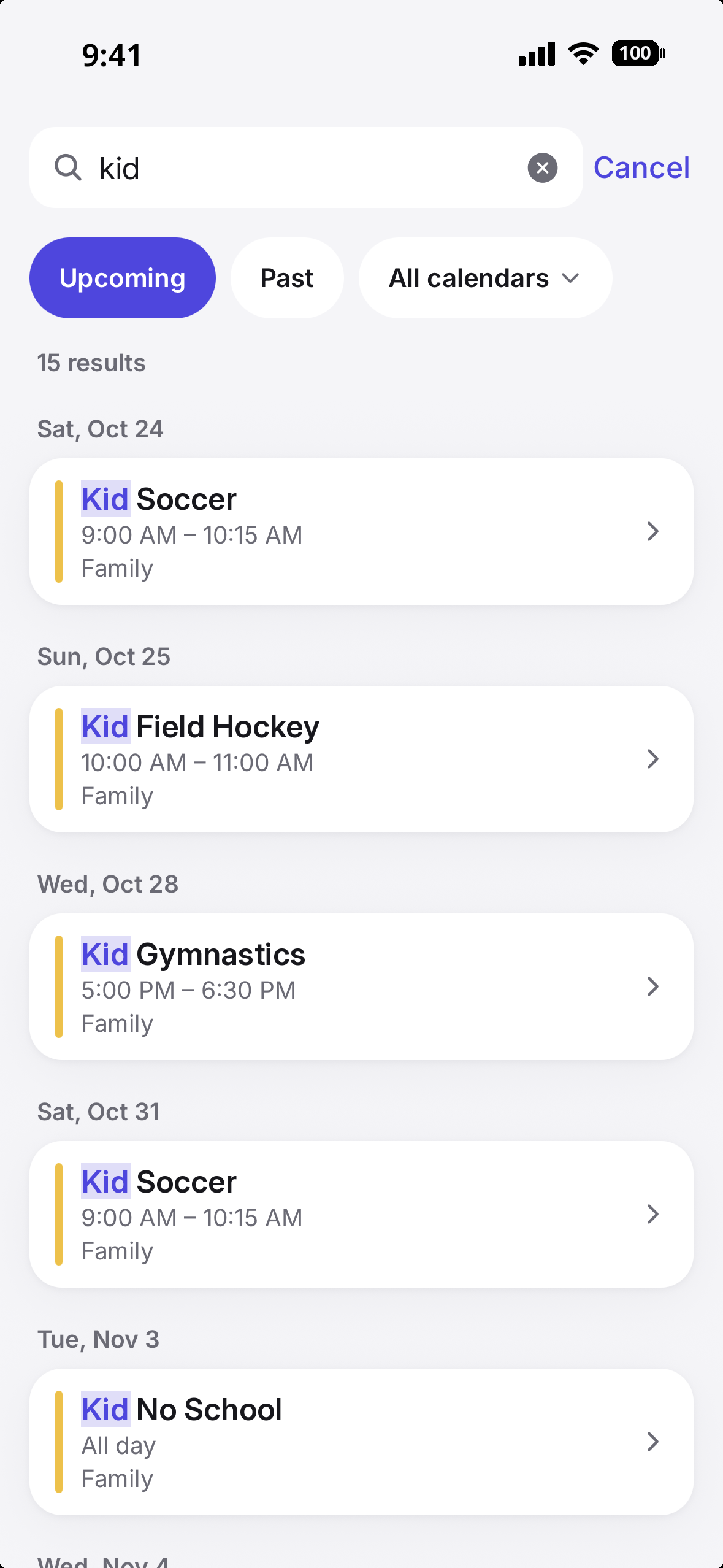 Search results finding events across all connected calendars
