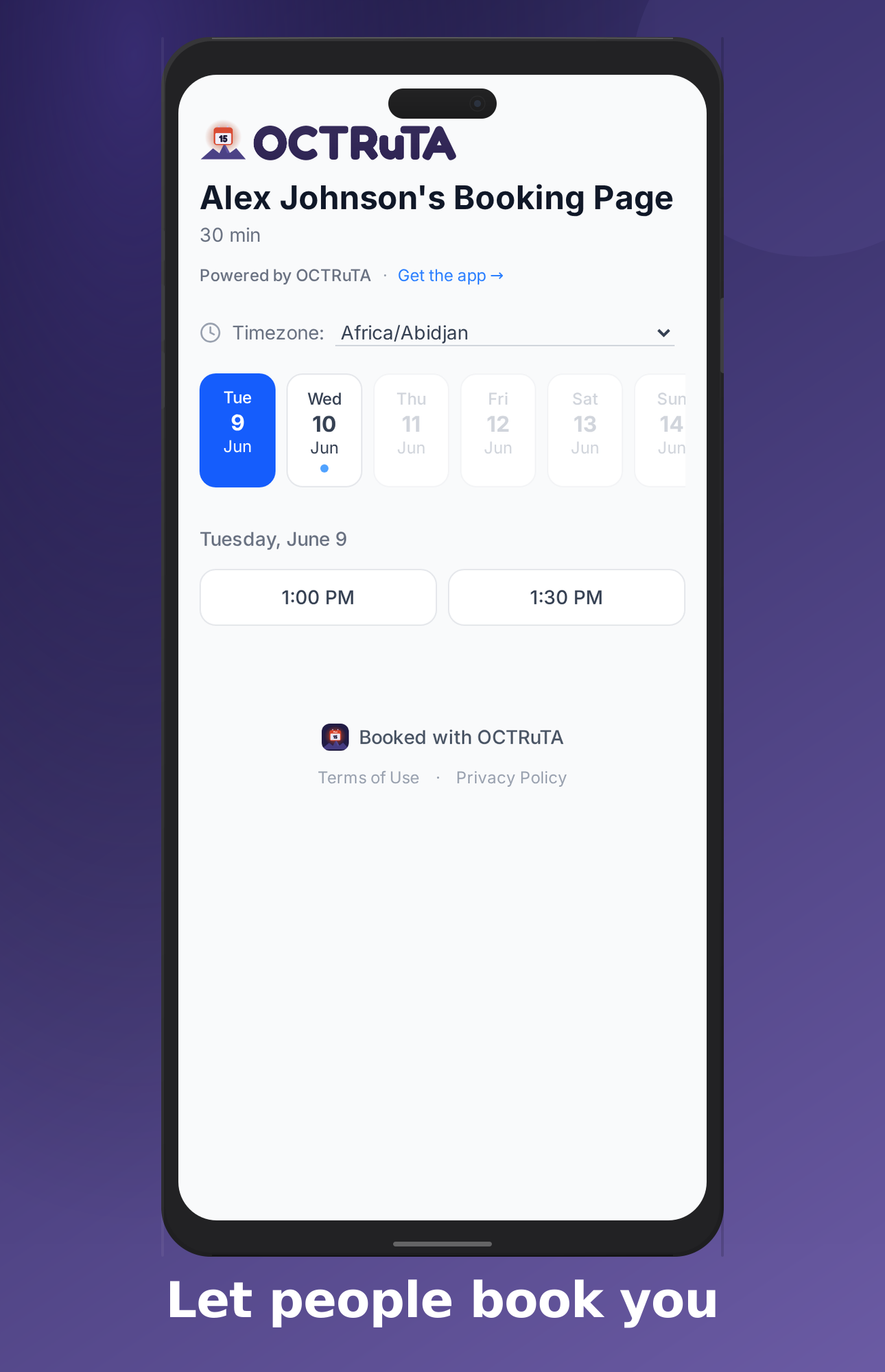 Public booking page where guests pick a time in their own time zone
